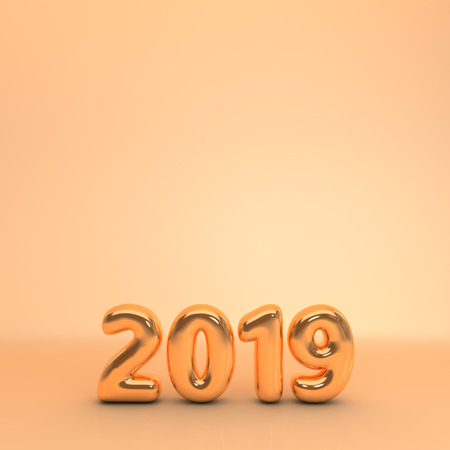New year 2019 celebration background. Gold metallic numerals 2019, patel beige studio room . Realistic trendy illustration for New Year's and Christmas banners. 3d rendering.の写真素材