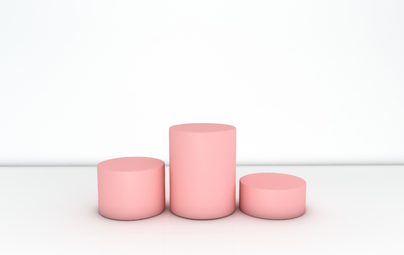 Abstract geometric background with primitive shapes cylinder  podium, blank poster. Empty showcase, shop display in pastel colors. 3D render platforms for product presentationの写真素材