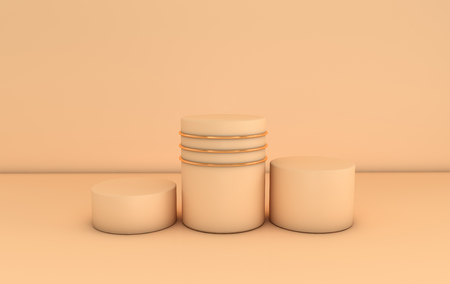 Abstract geometric background with primitive shapes cylinder  podium, blank poster. Empty showcase, shop display in pastel colors and gold. 3D render platforms for product presentationの写真素材