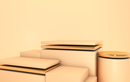 3d rendered gold and beige geometric shapes, podium in the room. Set of platforms for product presentation, mock up. Abstract composition in modern minimal designの写真素材