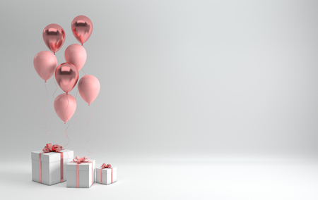 3d render illustration of realistic pastel pink and rose gold balloons and gift box with bow on white background. Empty space for party, promotion social media banners, posters.の写真素材