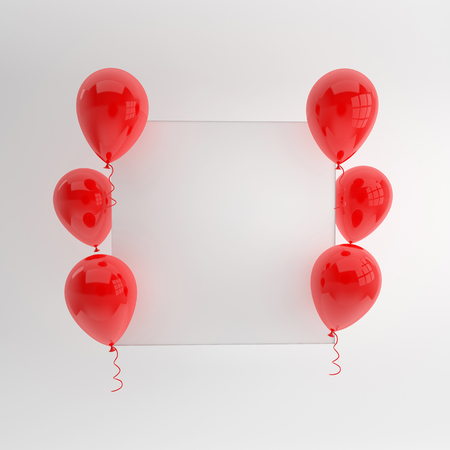 Illustration of glossy red balloons and white paper on white background. Empty space for birthday, party, promotion social media banners, posters. 3d render realistic balloonsの写真素材