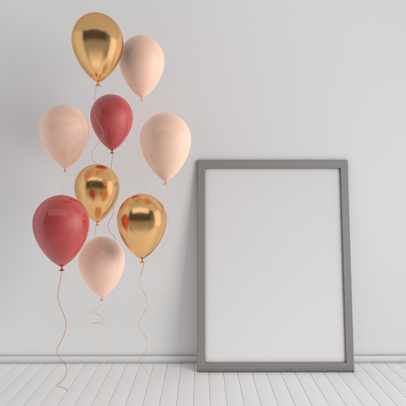3d render interior with realistic golden, red and beige balloons, mock up poster in the room. Empty space for party, promotion social media banners, posters.の写真素材