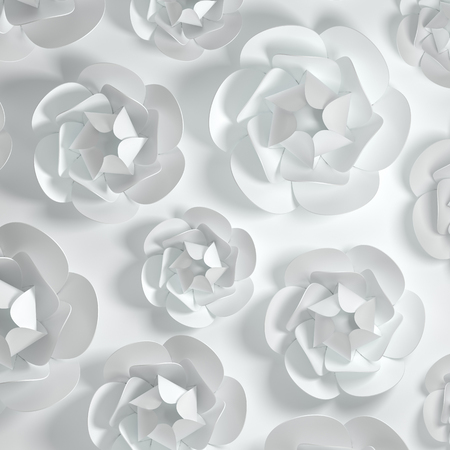 3d render paper peony rose flowers. Digital illustration, white background and white paper flowers. Floral composition background, wedding card, quilling, romantic bridal bouquetの写真素材