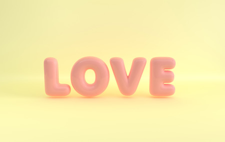 Pink plastic letters LOVE with glossy reflections on yellow background. Pastel colored 3d rendering. St. Valentine's Day card February 14, love, wedding marriage ceremony design.の写真素材