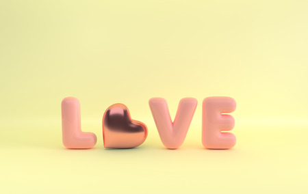 Pink plastic letters LOVE and gold heart on yellow background. Pastel colored 3d rendering. St. Valentine's Day card February 14, love, wedding marriage ceremony design.の写真素材