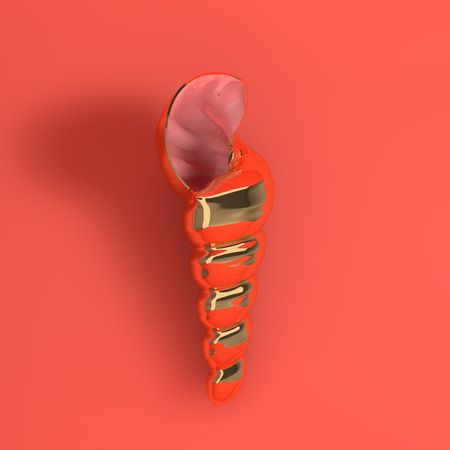 Pink and golden glossy seashell with shadow on a coral background. 3d render illustration. Ocean...