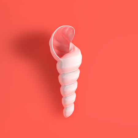 Pink and white glossy seashell with shadow on a coral background. 3d render illustration. Ocean fauna underwater nautilus shell. Summer image for postcard, banner, card.の写真素材