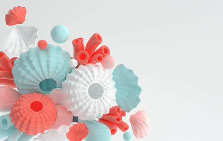 Sea urchins, shells, coral and bubbles set. 3d rendering marine life background. Summer vacation,...