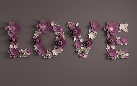 3d render text LOVE made of paper flowers and leaves on dark background. Modern paper art design for cards or banner for 14 february Valentines Day, wedding.の写真素材