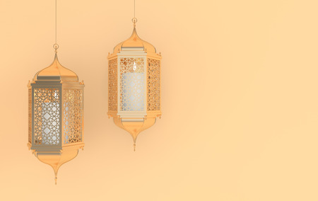 Golden lantern with candle, lamp with arabic decoration, arabesque design. Concept for islamic celebration day ramadan kareem or eid al fitr adha. 3d rendering illustrationの写真素材