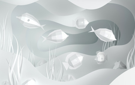 Paper underwater sea cave with fishes, stones, seabed in algae, waves. Paper cut deep style 3d render. Deep marine life, diving concept. Ocean wildlifeの写真素材
