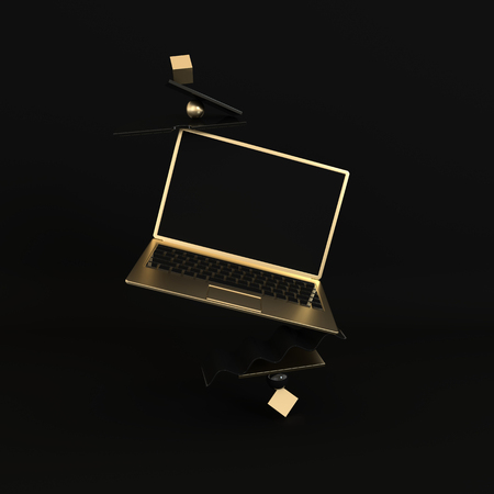 Laptop and different geometric objects mockup background in modern minimal style. Notebook 3d render in black and golden colors. Technology gadget conceptの写真素材