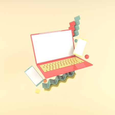 Laptop, smartphone and different geometric objects mockup background in modern minimal style. Notebook 3d render in pastel colors. Technology gadget conceptの写真素材