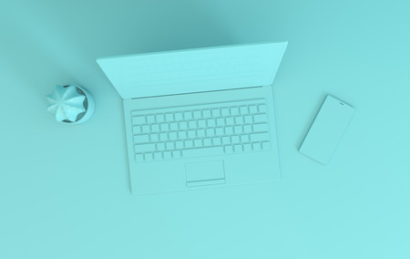 Laptop on work desk mock-up background in modern minimal style. Notebook, smartphone and cactus 3d render. Technology gadget conceptの写真素材