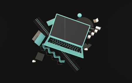 Laptop and different geometric objects mockup background in modern minimal style. Notebook 3d render in black and blue colors. Technology gadget conceptの写真素材