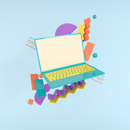 Laptop and different geometric objects mockup background in modern minimal style. Notebook 3d render...