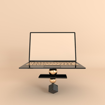 Laptop and different geometric objects mockup background in modern minimal style. Notebook 3d render in black and gold colors. Technology gadget conceptの写真素材