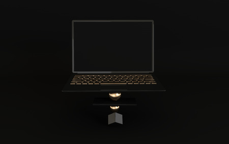 Laptop and different geometric objects mockup background in modern minimal style. Notebook 3d render in black and gold colors. Technology gadget conceptの写真素材