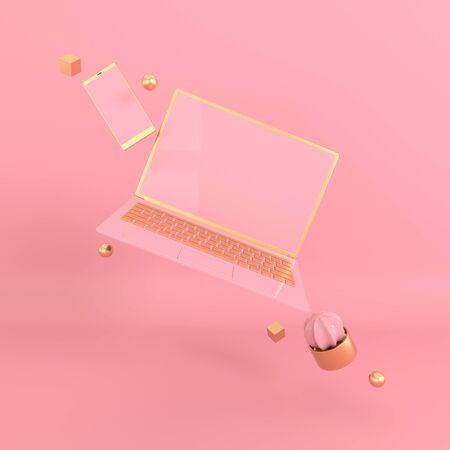 Laptop and phone mock-up background in modern minimal style. Notebook, smartphone and cactus 3d render. Technology gadget concept. Pastel and gold colorsの写真素材