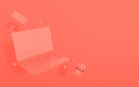 Laptop, smart phone and different geometric objects mockup background in modern minimal style. Notebook, cactus 3d render in pastel colors. Technology gadget conceptの写真素材