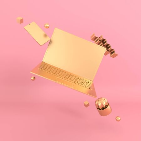 Laptop and phone mock-up background in modern minimal style. Notebook, smartphone, cactus, geometric shapes 3d render. Technology gadget concept. Pastel and gold colorsの写真素材