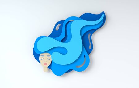 3d render portrait of young beautiful woman with long  hair. Modern digital paper layered art. Origami style. Beauty and fashion conceptの写真素材
