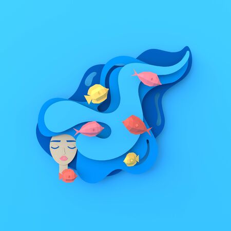 3d render portrait of young beautiful woman mermaid with long wavy hair. Paper underwater sea life with fishes, waves. Paper cut style. Deep blue marine life, diving concept. Ocean wildlifeの写真素材