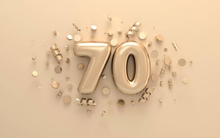 Golden 3d number 70 with festive confetti and spiral ribbons. Poster template for celebrating anniversary event party. 3d renderの写真素材