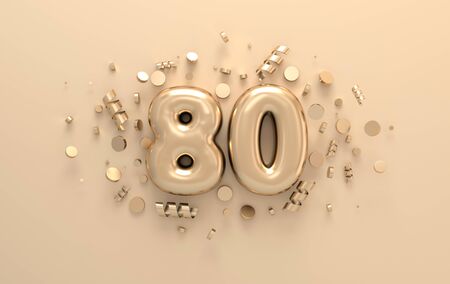 Golden 3d number 80 with festive confetti and spiral ribbons. Poster template for celebrating anniversary event party. 3d renderの写真素材