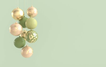Merry Christmas and Happy New Year 3d render illustration card with ornate golden, pink and green xmas balls. Winter decoration, minimal designの写真素材