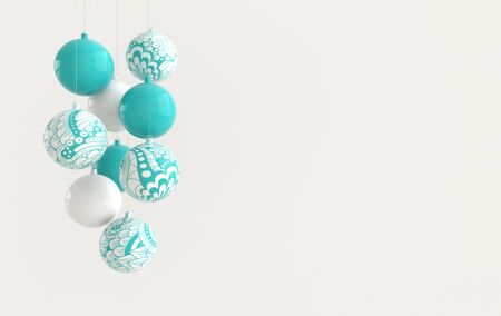 Merry Christmas and Happy New Year 3d render illustration card with ornate white and green xmas balls. Winter decoration, minimal designの写真素材