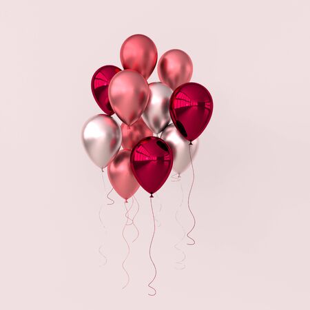 Illustration of glossy pink, red and rose golden balloons on pastel colored background. Empty space for birthday, party, promotion social media banners, posters. 3d render realistic balloonsの写真素材