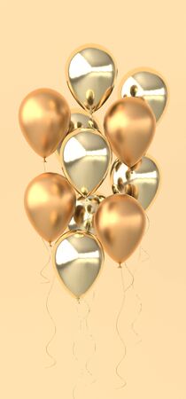 Illustration of glossy golden balloons on beige background. Empty space for birthday, party, promotion social media banners, posters. 3d render realistic balloonsの写真素材