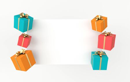 3d rendering of realistic colorful gift box with golden ribbon bow and white paper on white background. Empty space for party, promotion social media banners, posters.の写真素材
