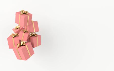 3d rendering of realistic pink gift box with golden ribbon bow on white background. Empty space for party, promotion social media banners, posters.の写真素材