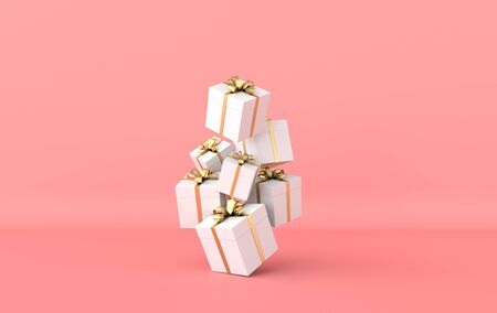 3d rendering of realistic white gift box with golden ribbon bow on pink studio background. Empty space for party, promotion social media banners, posters.の写真素材