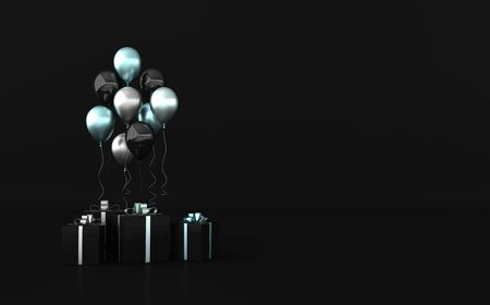 3d render illustration of realistic glossy blue, black and silver balloons and gift box with ribbon bow on black background. Empty space for birthday, party, promotion social media banners, posters.の写真素材