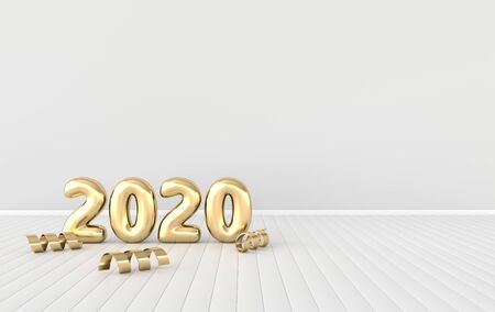 New year 2020 celebration interior background. Golden numerals 2020, confetti ribbons. Realistic illustration for New Year's and Christmas banners. 3d renderの写真素材