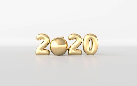 New year 2020 celebration background. Golden numerals 2020, and xmas ball in the studio. Realistic...