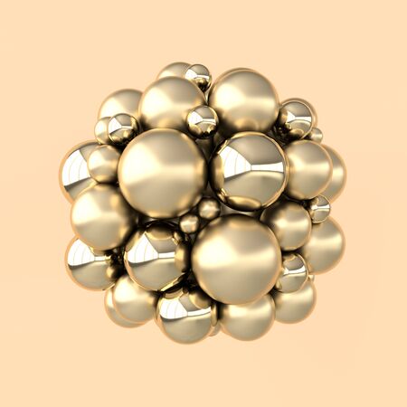 3d rendering of floating polished golden metal spheres on beige background. Abstract geometric composition. Group of balls in pastel colors with soft shadowsの写真素材