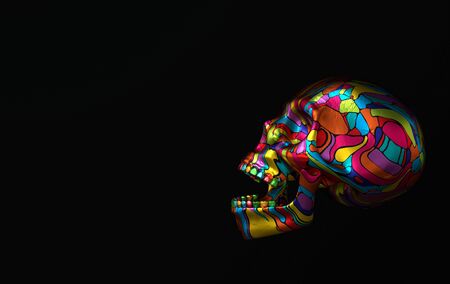 Human scull 3d rendering. Colorful laughing death's-head  on black backgroundの写真素材