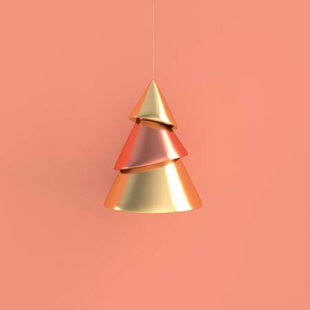 Christmas and new year pine tree decoration in pink and golden colors. 3d render holiday minimal backroundの写真素材