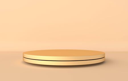 3d rendered studio with geometric shapes, podium on the floor. Platforms for product presentation, mock up background. Abstract composition in minimal design, pastel and gold colorsの写真素材