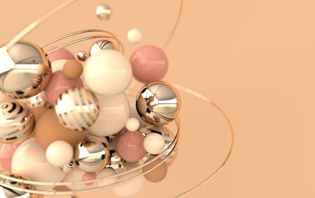 Colorful balls 3d rendering. Chaotic spheres geometric abstract background, primitive shapes, minimalistic design, pastel beige, golden colorsの写真素材
