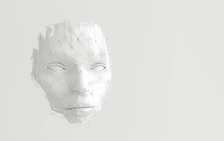 3d render human face with abstract web structure. Artificial intelligence concept. Young woman's...