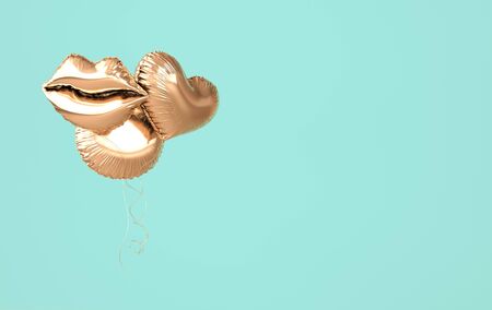 Golden foil balloons isolated on green background. 3d render element for birthday party, Valentine`s day, presentation. Heart, sphere and lips shapeの写真素材