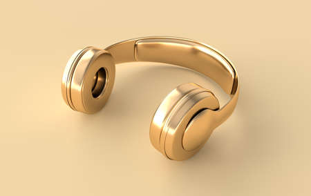 Headphones realistic 3d render. Music lover minimalistic background with golden wireless audio earphonesの写真素材