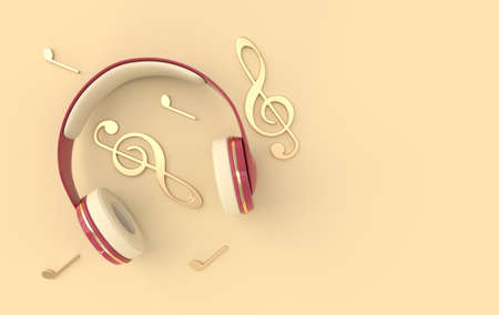 Headphones realistic 3d render. Music lover minimalistic background with red and golden wireless...