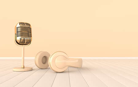 Vintage style headphones and microphone. Pastel colors and golden details. Retro earphones and mic realistic 3d render. Music lover minimalistic backgroundの写真素材